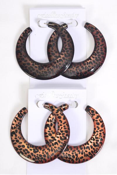 Earrings Poly Hoop Leopard Pattern Mix Post / 12 pair = Dozen Post , Size - 2.25" Wide , 6 Of each Color Asst , Earring Card & OPP Bag & UPC Code