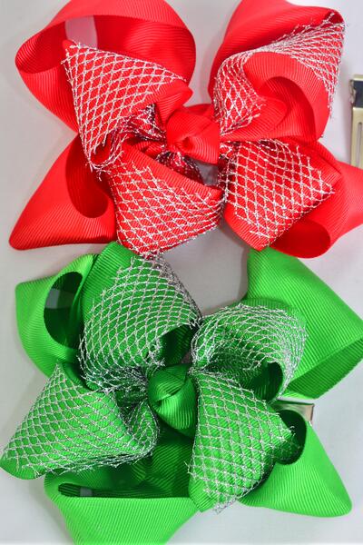 Hair Bow Jumbo Double Layered Silver Mesh Grosgrain Bow-tie Red Green Color Mix / 12 pcs Bow = Dozen  Christmas , Alligator Clip , Size - 6" x 5 " Wide , 6 Red , 6 Green Color Mix , Clip Strip & UPC Code