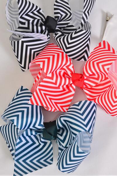 Hair Bow Jumbo Chevron Grosgrain Bow-tie Black Red Hunter Green Mix / 12 pcs Bow = Dozen Alligator Clip , Size - 6" x 5" Wide , 4 Black , 4 Red , 4 Hunter green Color Asst , Clip Strip & UPC Code