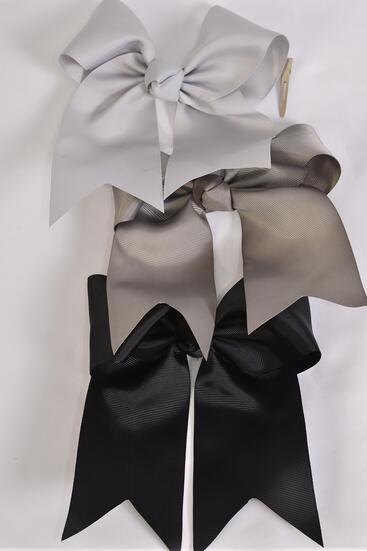 Hair Bow Extra Jumbo Long Tail Cheer Type Bow Black Gray Color Mix Grosgrain Bow-tie / 12 pcs Bow = Dozen Alligator Clip , Size - 6.5" x 6" Wide , 4 Black , 3 Silver Gray , 3 Dark Gray Color Asst , Clip Strip & UPC Code