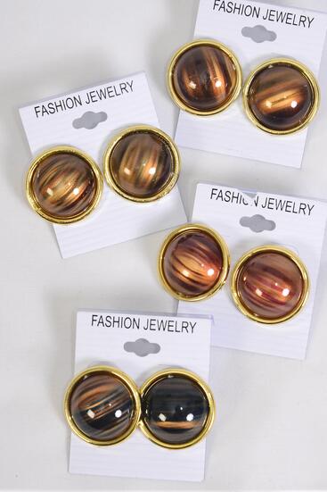 Earrings Acrylic Fall Round Stripe / 12 pair = Dozen  Post , Size - 1" Wide , 2 of each Color Asst , Earring Card & Opp Bag & UPC Code