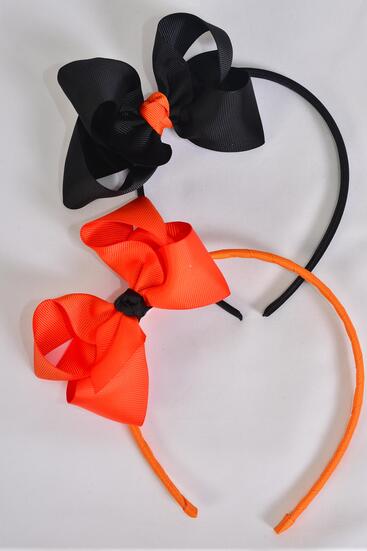 Headband Horseshoe Black Orange Mix Grosgrain Bow-tie / 12 pcs = Dozen Bow Size - 4" x 3" Wide , 4 of each Pattern Mix , Hang Tag & UPC Code , W Clear Box