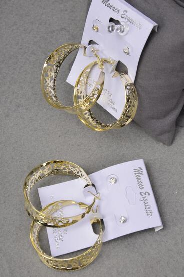 Earrings Gold 2 pair Filigree Hoop Clear Rhinestone Studs Mix Gold / 12 pair = Dozen  Hoop Size - 1.75" Wide , Earring Card & OPP bag & UPC Code , 12 Card = Dozen
