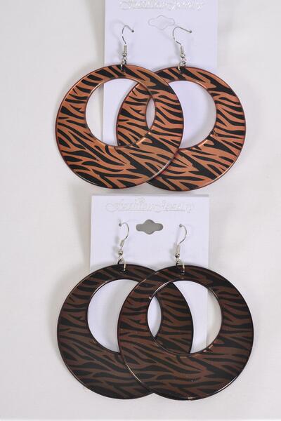 Earrings Poly Zebra Brown Tone Mix / 12 pair = Dozen Fish Hook , Size - 2.5" Wide , 6 of each Pattern Asst , Earring Card & OPP Bag & UPC Code