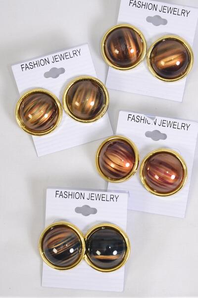 Earrings Acrylic Fall Round Stripe / 12 pair = Dozen  Post , Size - 1" Wide , 2 of each Color Asst , Earring Card & Opp Bag & UPC Code