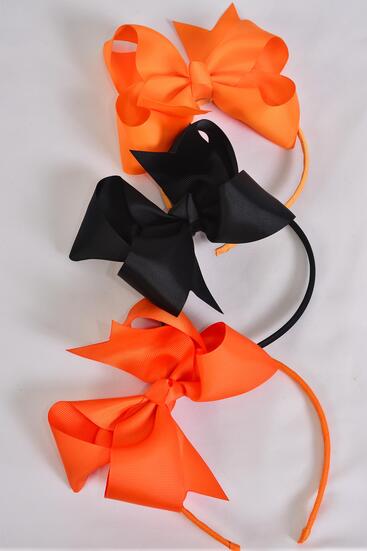 Headband Horseshoe Black Orange Color Mix Grosgrain Bow-tie / 12 pcs = Dozen Bow - 6" x 5" Wide , 4 of each Color Asst , Hang Tag & UPC Code , Clear Box
