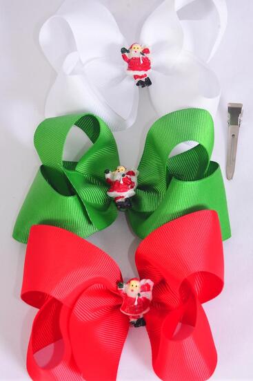 Hair Bow Christmas Santa Charm Grosgrain Bow-tie / 12 pcs Bow = Dozen Santa , Alligator Clip , Size - 3" x 2" Wide , 6 Red , 3 Green  , 3 White Mix , Display Card & UPC Code,W Clear Box