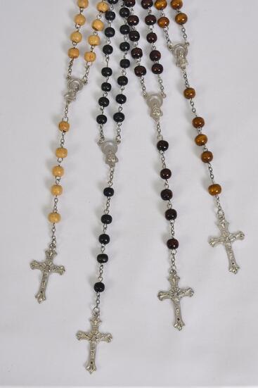 Necklace 6 mm Wooden Beads Crucifix Mother Virgin Mary Rosary Browntone mix / 12 pcs = Dozen Brown Mix , Size - 32" Long , 3 Black , 3 Dark Brown , 3 Medium Brown , 3 Beige Color Asst , Hang Tag & OPP Bag & UPC Code