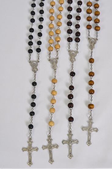 Necklace 6 mm Wooden Beads Crucifix Mother Virgin Mary Rosary Beads / 12 pcs = Dozen Size - 32" Long , Hang Tag & OPP Bag & UPC Code