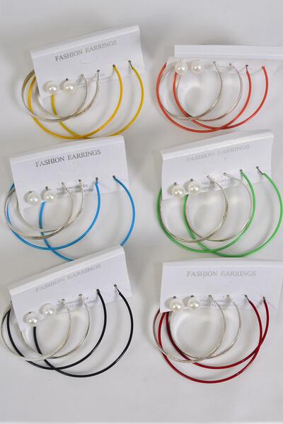 Earrings 3 Pair Metal Hoop 10 mm Pearl Ball Mix Multi / 36 Pair = Dozen  Post , Hoop - 1.75" , 2" Size Mix , 10 mm Pearl , 6 Gold , 6 Silver Mix , Earring Card & OPP Bag & UPC Code , 3 pair per card , 12 card = Dozen
