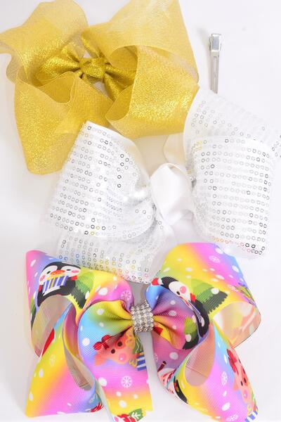 Hair Bow Jumbo Metallic Gold Santa Snowman Penguin Sequin Pattern Mix / 12 pcs Bow = Dozen Christmas , Alligator Clip , Size - 8" x 7" Wide , 4 Of Each Pattern Asst , Clip Strip & UPC Code
