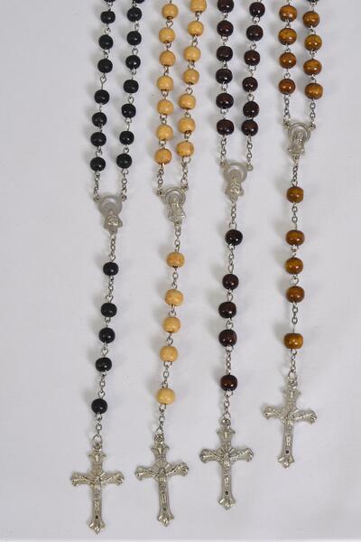 Necklace 6 mm Wooden Beads Crucifix Mother Virgin Mary Rosary Beads / 12 pcs = Dozen Size - 32" Long , Hang Tag & OPP Bag & UPC Code