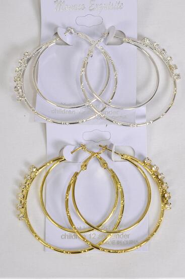 Earrings Hoop Metal Double Circle Clear Rhinestone / 12 pair = Dozen Post , Size - 1.75" Wide , 6 Gold , 6 Silver Color Mix , Earring card & Opp Bag & UPC Code
