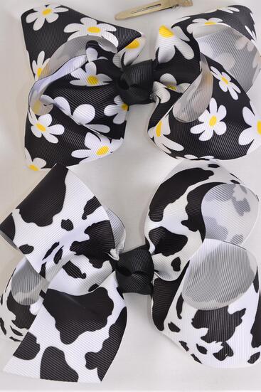 Hair Bow Jumbo Cow Daisy Flower Pattern Mix Grosgrain Bow-tie / 12 pcs Bow = Dozen Alligator Clip , Size - 6" x 5" Wide , 6 of each Pattern Asst , Clip Strip & UPC Code