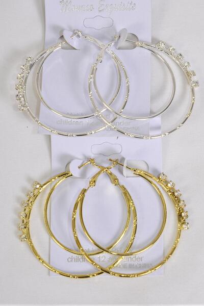 Earrings Hoop Metal Double Circle Clear Rhinestone / 12 pair = Dozen Post , Size - 1.75" Wide , 6 Gold , 6 Silver Color Mix , Earring card & Opp Bag & UPC Code