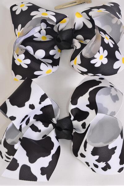 Hair Bow Jumbo Cow Daisy Flower Pattern Mix Grosgrain Bow-tie / 12 pcs Bow = Dozen Alligator Clip , Size - 6" x 5" Wide , 6 of each Pattern Asst , Clip Strip & UPC Code