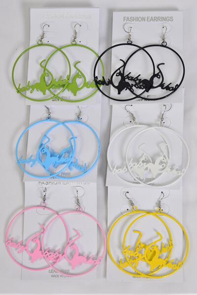 Earrings Metal Hoop Kitty Multi Post / 12 pair = Dozen Post ,  Size - 2.25" Wide , 2 Of Each Color Asst , Earring Card & Opp Bag & UPC Code 