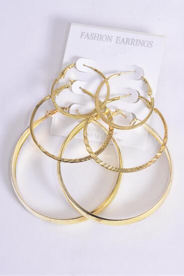 Earrings 3 pair Metal Hoop Shape and Size Mix Gold / 36 pair = Dozen Post , Size - 1.75" , 2" , 2.25" Mix , Earring Card & OPP Bag & UPC Code , 3 pair per Card ,12 Card = Dozen