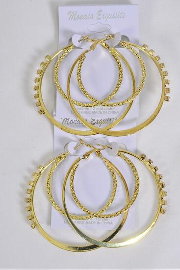 Earrings Gold Double Circle w Clear Rhinestone Post / 12 pair = Dozen Post , Gold , Size - 2.25" Wide , Earring Card & OPP bag & UPC Code