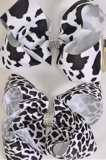 Hair Bow Jumbo Cow White Leopard Pattern Mix Grosgrain Bow-tie / 12 pcs Bow = Dozen Alligator Clip , Size - 6" x 5" Wide , 6 Cow , 6 White Leopard Pattern Mix , Clip Strip & UPC Code