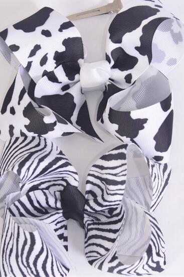 Hair Bow Jumbo Cow Zebra Pattern Mix Grosgrain Bow-tie / 12 pcs Bow = Dozen Alligator Clip , Size - 6" x 5" Wide , 6 Cow , 6 Zebra Pattern Mix , Clip Strip & UPC Code