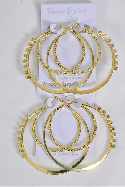 Earrings Gold Double Circle w Clear Rhinestone Post / 12 pair = Dozen Post , Gold , Size - 2.25" Wide , Earring Card & OPP bag & UPC Code