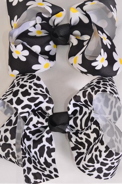Hair Bow Jumbo Flower White Leopard Pattern Mix Grosgrain Bow-tie / 12 pcs Bow = Dozen Alligator Clip , Size - 6" x 5" Wide , 6 Flower , 6 White Leopard Pattern Mix , Clip Strip & UPC Code