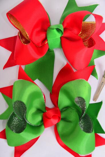 Hair Bow Jumbo Double Layered Metallic Grosgrain Bow-tie / 12 pcs Bow = Dozen Christmas , Alligator Clip , Size - 6" x 5" Wide, 6 of each Pattern Mix , Clip Strip & UPC Code