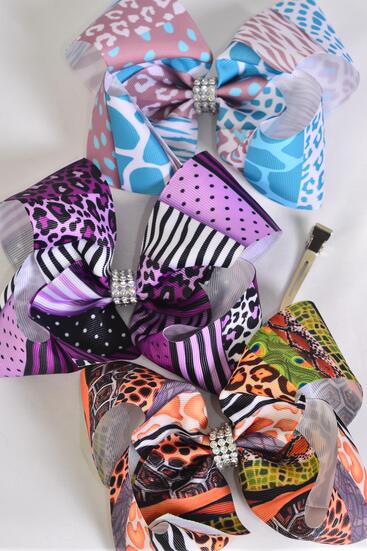 Hair Bow Jumbo Animal Pattern Mix Grosgrain Bow-tie /  12 pcs Bow = Dozen  Alligator Clip , Size - 6" x 5" Wide , 4 Of Each Pattern Asst , Clip Strip and UPC Code