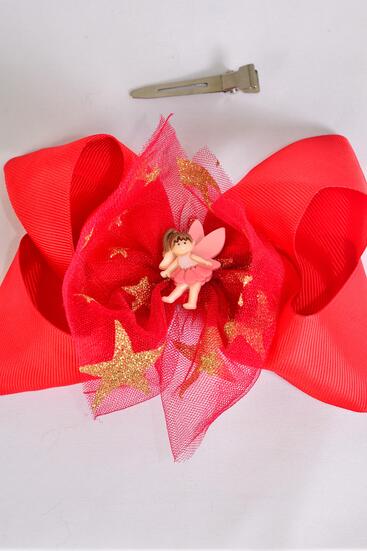 Hair Bow Jumbo w Fairy Charm Grosgrain Bow-tie Red / 12 pcs Bow = Dozen Red , Alligator Clip , Size - 6" x 5" Wide , Clip Strip & UPC Code
