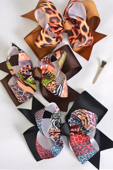 Hair Bow Jumbo Double Layered Leopard Pattern Mix Grosgrain Bow-tie / 12 pcs Bow = Dozen Alligator Clip , Size - 6" x 5" Wide , 4 of each Pattern , Clip Strip & UPC Code
