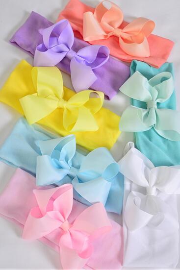 Headband Cotton Stretch wq Grosgrain Bow-tie Pastel / 12 pcs = Dozen Stretch , Width - 2.5" Wide , Bow - 5" x 4" Wide , 2 White , 2 Pink , 2 Blue , 2 Purple , 2 Yellow , 1 Peach , 1 Mint Color Mix ,Hang Tag & UPC Code
