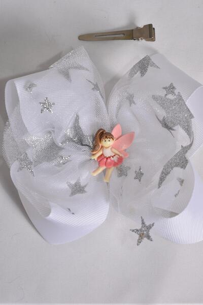 Hair Bow Jumbo w Fairy Charm Grosgrain Bow-tie White / 12 pcs Bow = Dozen White , Bow Size - 6" x 5", Alligator Clip , Clip Strip & UPC Code