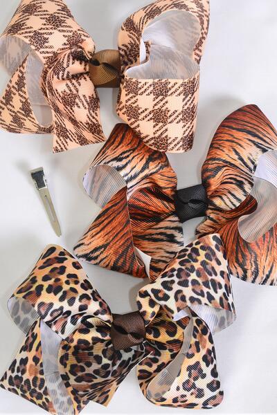 Hair Bow Jumbo Leopard Tiger Plaid Pattern Mix Grosgrain Bow-tie / 12 pcs Bow = Dozen Alligator Clip , Size - 6" x 5" Wide , 4 of each Pattern , Clip Strip & UPC Code