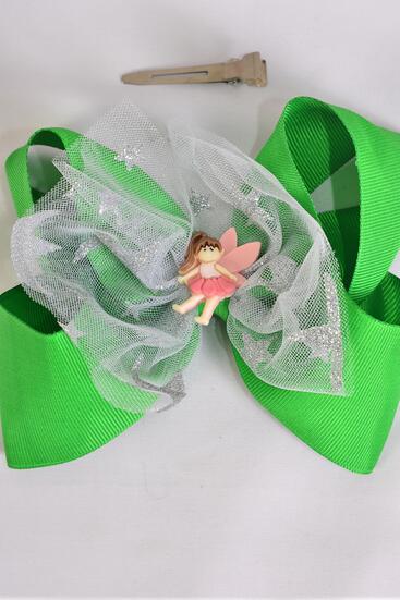 Hair Bow Jumbo w Fairy Charm Grosgrain Bow-tie Green / 12 pcs Bow = Dozen Green , Bow Size - 6" x 5", Alligator Clip , 4 of each Pattern Asst , Clip Strip & UPC Code