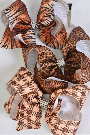 Hair Bow Jumbo Plaid Leopard Tiger Animal Pattern Mix Grosgrain Bow-tie / 12 pcs Bow = Dozen  Alligator Clip , Size - 6" x 5" Wide , 4 of each Pattern , Clip Strip & UPC Code