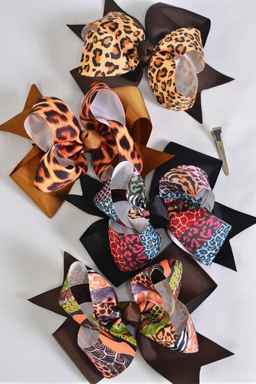 Hair Bow Jumbo Double Layered Leopard Mix Grosgrain Bow-tie / 12 pcs Bow = Dozen Leopard , Alligator Clip , Size - 6" x 5" Wide , 3 of each Pattern , Clip Strip & UPC Code
