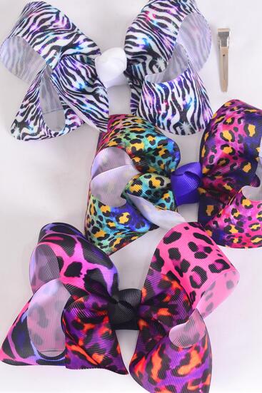 Hair Bow Jumbo Animal Pattern Mix Grosgrain Bow-tie / 12 pcs Bow = Dozen Alligator Clip , Size - 6" x  5" Wide , 4 Of Each Pattern Asst , Clip Strip and UPC Code