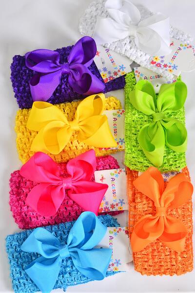 Ballerina Headband Grosgrain Bow-tie Citrus / 12 pcs = Dozen Stretch , Ballerina - 2.75" , Bow - 5" x 4" , 2 Wh , 2 Fuchsia , 2 Purple , 2 Yellow , 2 Turquoise , 1 Lime, 1 Orange , Hang Tag & OPP Bag & UPC Code
