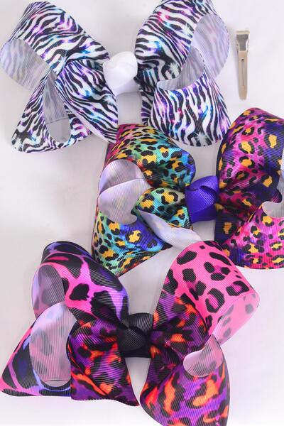 Hair Bow Jumbo Animal Pattern Mix Grosgrain Bow-tie / 12 pcs Bow = Dozen Alligator Clip , Size - 6" x  5" Wide , 4 Of Each Pattern Asst , Clip Strip and UPC Code