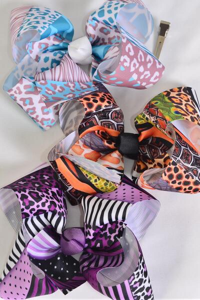 Hair Bow Jumbo Zebra Giraffe Animal Pattern Mix Grosgrain Bow-tie / 12 pcs Bow = Dozen  Alligator Clip , Size - 6" x 5" Wide , 4 Of Each Pattern Asst , Clip Strip and UPC Code