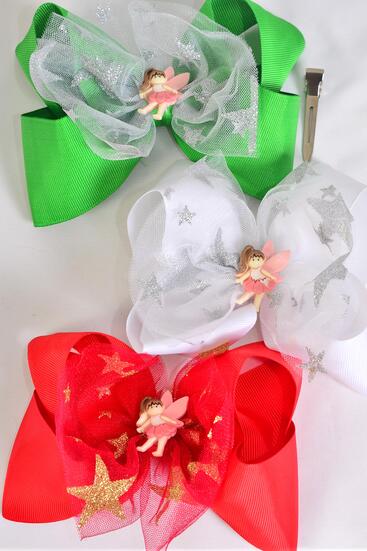 Hair Bow Jumbo Center Fairy Charm Grosgrain Bow-tie / 12 pcs Bow = Dozen Fairy , Alligator Clip , Bow - 6" x 5" Wide , 4 Red , White , 4 Green Color Asst , Clip Strip & UPC Code