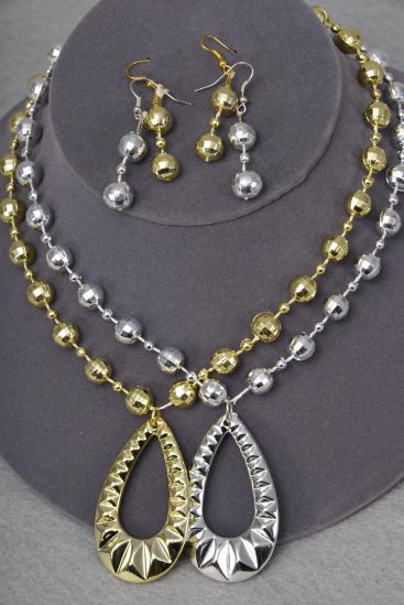 Necklace Sets Diamond Cut Bead w Teardrop Pendant Gold Silver Color Mix / 12 Sets = Dozen Size - 20" Long , 6 Gold , 6 Silver Mix , Hang Tag & OPP Bag & UPC Code