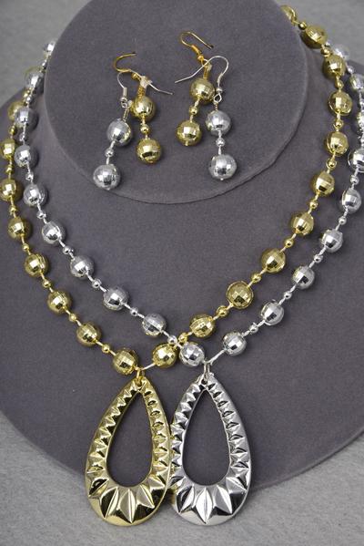 Necklace Sets Diamond Cut Bead w Teardrop Pendant / 12 Sets = Dozen Size - 20" Long , Choose Gold Or Silver Finish , Hang Tag & OPP Bag & UPC Code