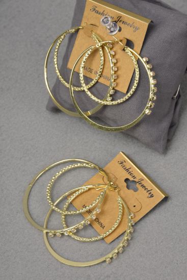 Earrings Gold Double Circle w Clear Rhinestone Post / 12 pair = Dozen Post , Gold , Size - 2.25" Wide , Earring Card & OPP bag & UPC Code