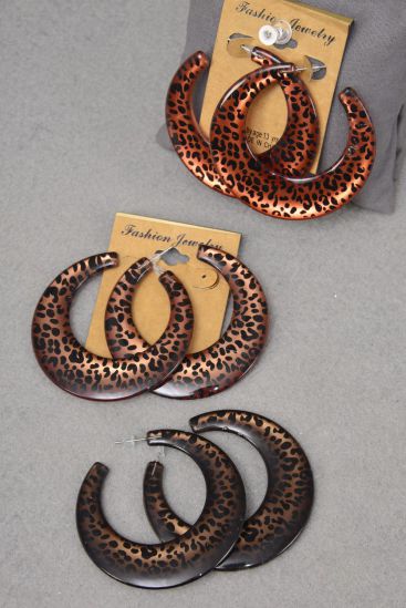 Earrings Poly Hoop Leopard Pattern Mix Post / 12 pair = Dozen Post , Size - 2.25" Wide , 4 Of each Pattern Asst , Earring Card & OPP Bag & UPC Code