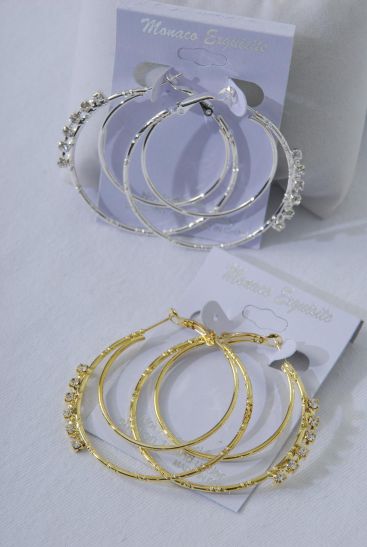 Earrings Metal Double Circle Clear Rhinestone / 12 pair = Dozen Post , Size - 1.75" Wide , 6 Gold , 6 Silver Mix , Earring card & Opp Bag & UPC Code