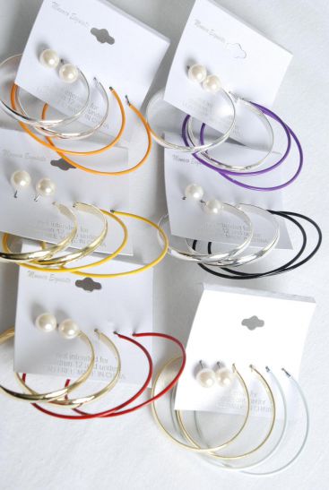 Earrings 3 Pair Metal Hoop 10 mm Pearl Ball Mix Multi / 36 Pair = Dozen  Post , Hoop - 1.75" & 2.25" Mix , 10 mm Pearl , 6 Gold , 6 Silver Mix , Earring Card & OPP Bag & UPC Code , 3 pair per card , 12 card = Dozen