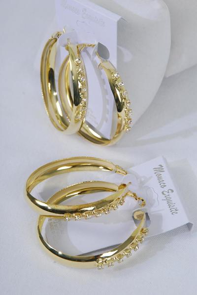 Earrings Metal Hoop Clear Rhinestone Gold / 12 pair = Dozen  Post , Size - 2" Wide , Earring card & OPP Bag & UPC Code