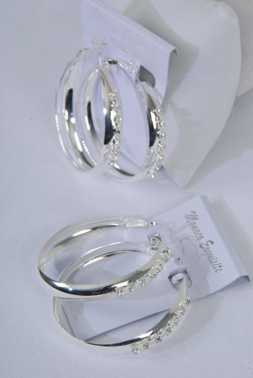 Earrings Metal Hoop Clear Rhinestone Silver / 12 pair = Dozen Post , Size - 2" Wide , Earring card & OPP Bag & UPC Code